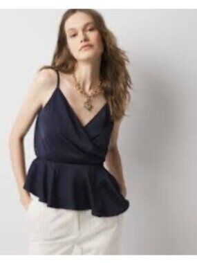 NWT WHBM Deep Blue Silky Sexy Asymmetrical Peplum Crossover Surplice Cami